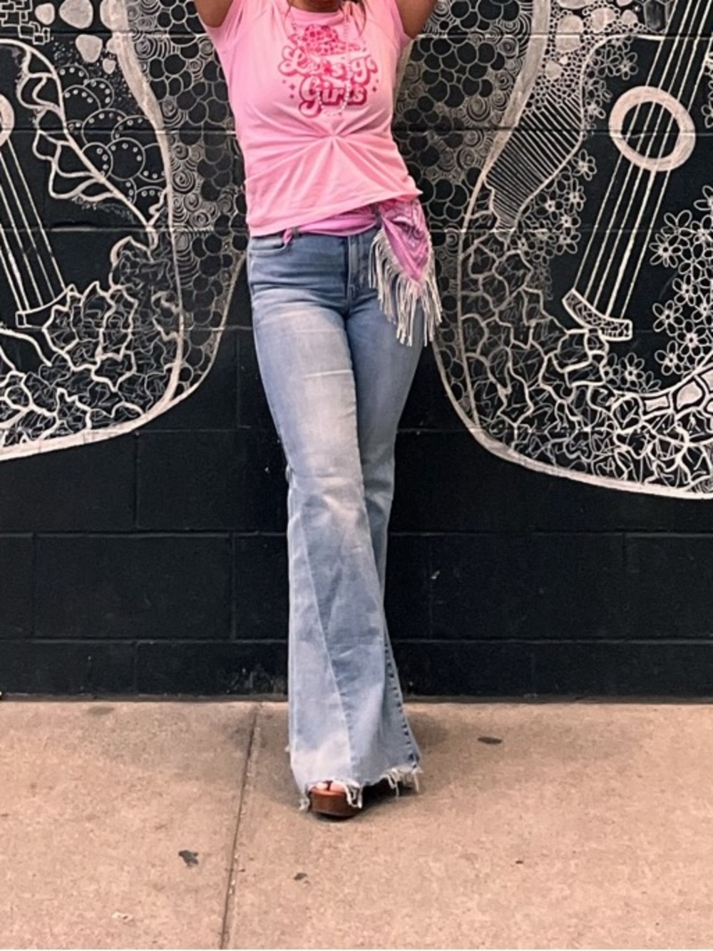 American Eagle Outfitters Light Blue Flare Jeans with Pink Top